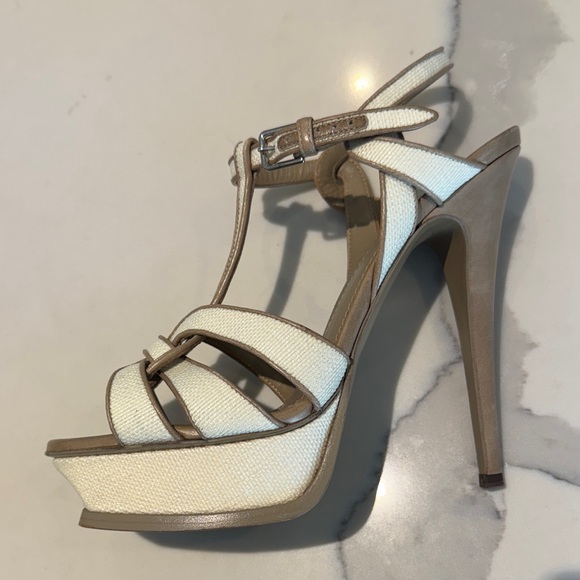 YSL Cream and Tan Tribute High Heel Sandals - Picture 1 of 6